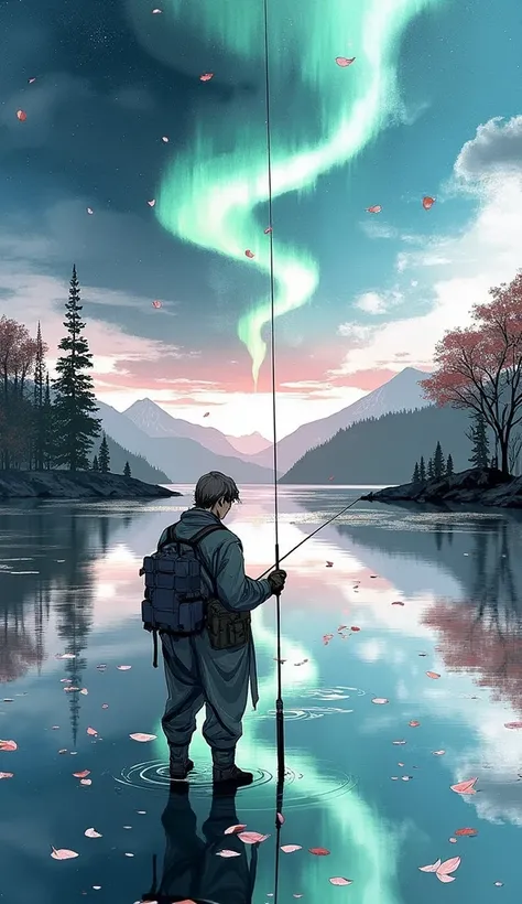 a man is fishing at a tranquil lake. sakura petals are flying around. the sky is filled with aurora. the lake has a clear reflection of the environment.