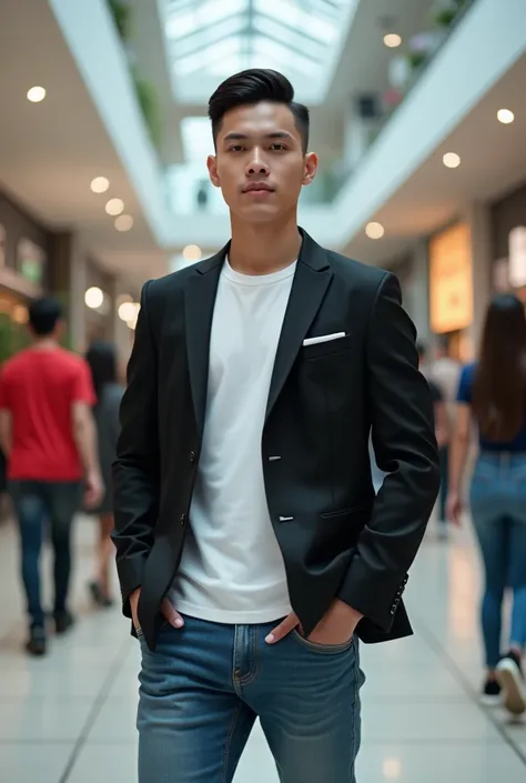 An Indonesian young man, 20yo, clean face, slicked back hair neatly combed, wearing a white t-shirt, black blazer, blue jeans, standing in the middle of the mall. The background of the mall with several visitors, several cellphone counters are visible