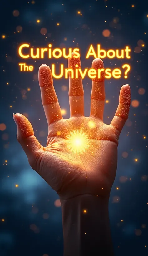 A glowing cosmic hand reaching out towards the viewer with the text Curious About the Universe? Subscribe for More! floating in vibrant golden letters. The stars around the hand sparkle, creating a magical and mysterious vibe.