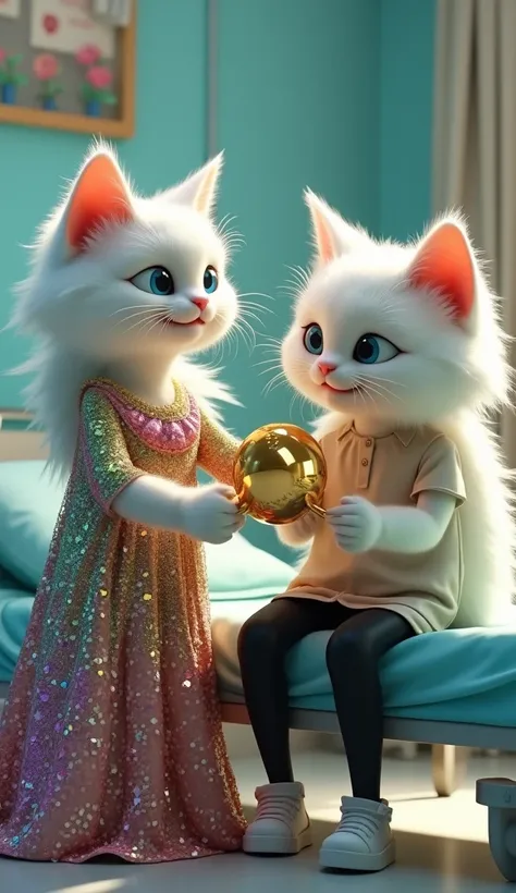 In cinematic 3D style, HD image, realistic image, colourful image. 
Character,lina big white long cat is wearing a long, colorful dress with a high neckline and long sleeves. The dress is made up of multiple layers of sequins and beads, creating a shimmeri...