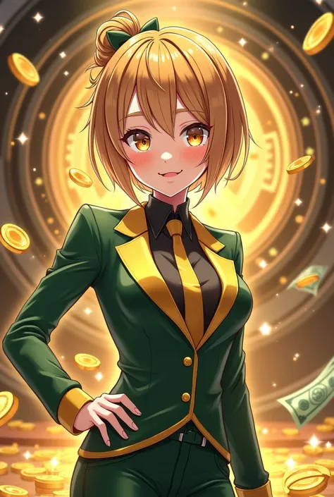 Design a playful and slightly cheeky wallpaper featuring a charismatic anime character with a confident smirk. The character is dressed in a sleek, modern outfit with a mix of gold and green accents, symbolizing wealth and charm. Surround them with glowing...