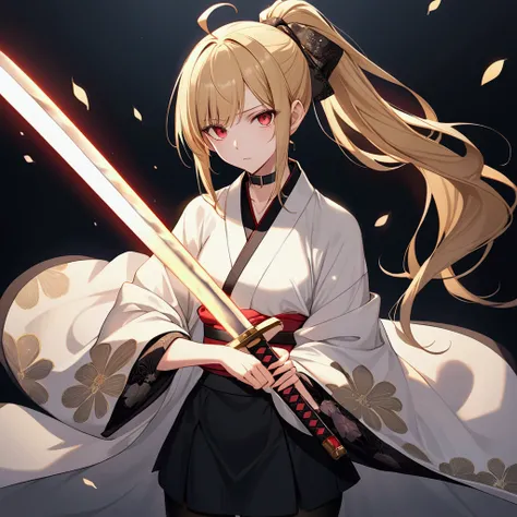  super high resolution, anime style, Slender woman in her 20s ,  clear skin,Fair skin,  ponytail,Asymmetrical bangs, long hair,Ahoge,Blonde, A small face with a well-shaped shape,  No Emotion, serious eyes, Moist eyes,Crimson Eyes, White Haori,Floral patte...