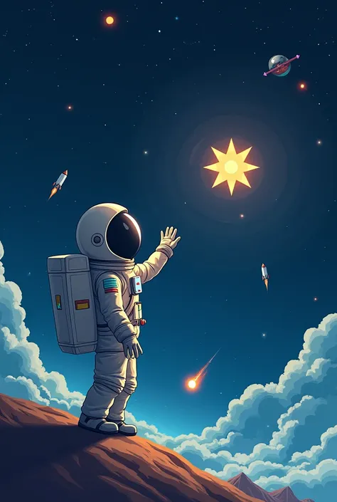  An astronaut who only sees his helmet, not his cartoon-style face, who is in space with rockets with several stars, comets and planets with a dark blue background 
Let the astronaut occupy the 20th%  from the image that you try to touch a star that you ca...