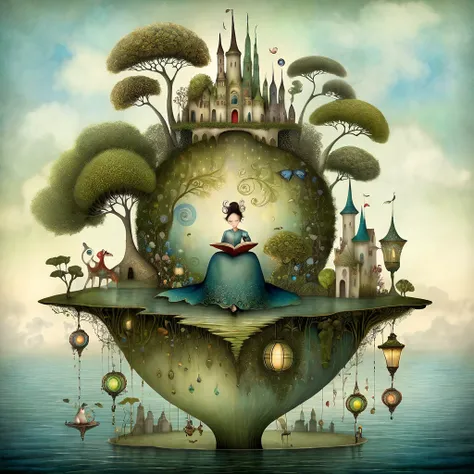 Patchwork by Catrin Welz-Stein, Nicoletta Ceccoli, Naoto Hattori, Klimt, Leonora Carrington of a (woman sitting on a small island), reading a book, surrounded by enchanting elements. Other small islands are characterized by (majestic) dragons, extravagant ...