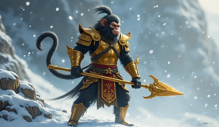 Black Myth Wukong game character sun wukong the monkey king Lookign is determined. He is wearing gold armour and holding a golden staff. he looks like a monkey and human hybrid. he is standing on the snow