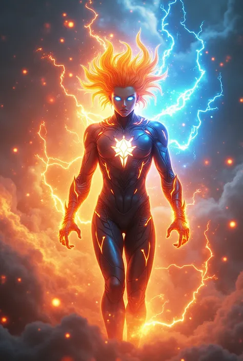 Sky Ether, celestial superhuman, inspired by Hokage Naruto, Goku, and Cloud Strife, sleek futuristic suit, glowing circuitry, molten flame spiky hair, fiery glowing eyes, radiant chest symbol, glowing armor, dynamic energy effects, fire, water, lightning v...