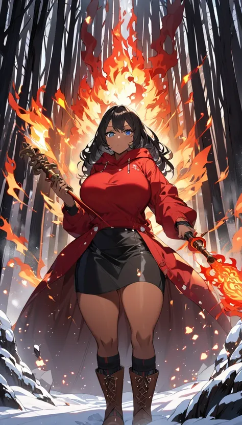 Woman, Dark skin, thick thighs, large breast, red hoodie, black skirt, brown boots, sword in hand, fire magic, snow forest, long black hair, narrow blue eyes