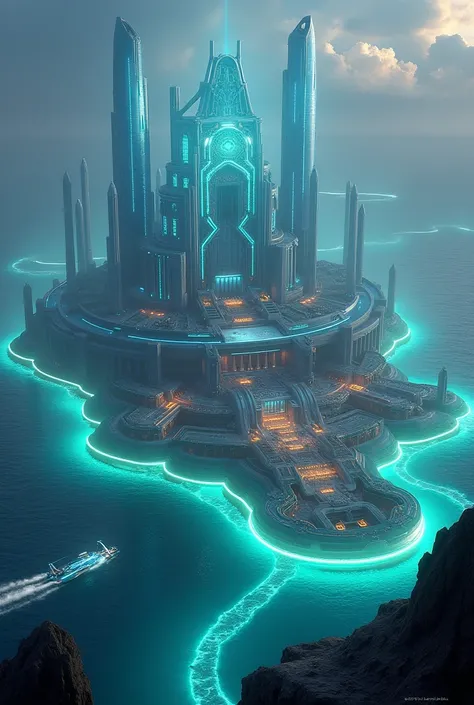 A sci-fi-inspired Hy-Brasil, with advanced energy fields protecting its structures, surrounded by glowing seas and futuristic ships."