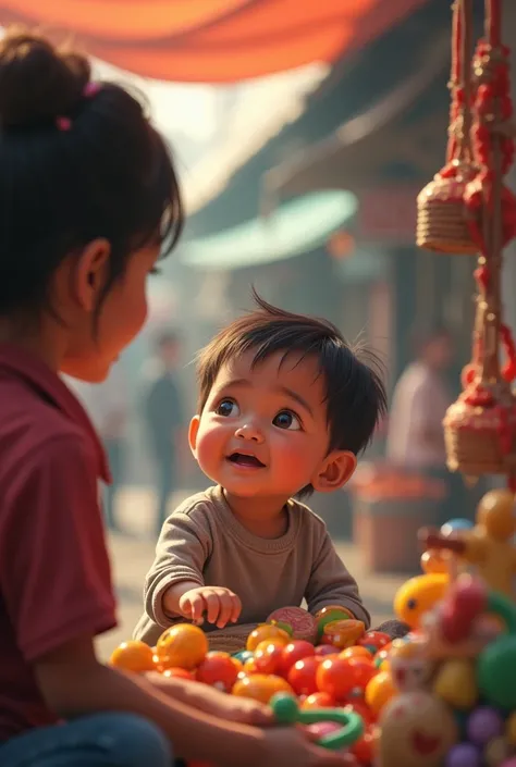  A picture of a small  from indonesia ,  whining to his mother to buy a toy ,  At the market ,  looked in front of him there was a toy seller  ,  the mother couldnt buy it , then the  also whined ,  This describes the memories of the past
This picture look...