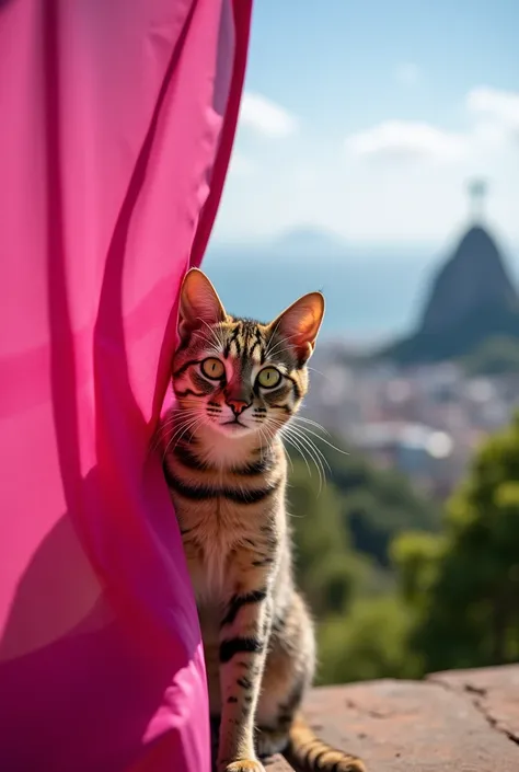 A photo of the female cat next to the pink flag in Rio de Janeiro 