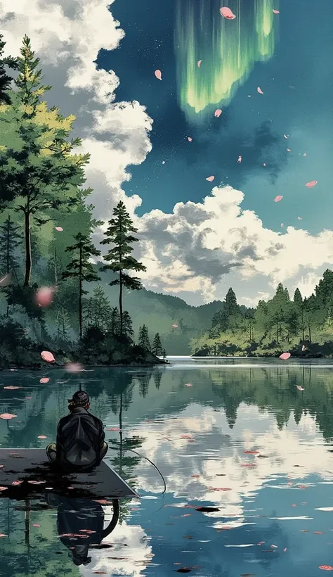 a man is fishing at a tranquil lake in the forest. sakura petals are flying around. the sky is filled with aurora. the lake has a clear reflection of the environment.