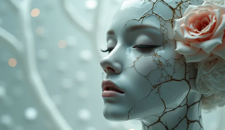 Death of a beautiful humanoid female,  close up of a broken android, digital art, cracked porcelain face, futuristic look,  captivating, close-up, skull, fragile, emotional, shatter into fragments,  shattered glass,  shattered pieces of a woman body, made ...