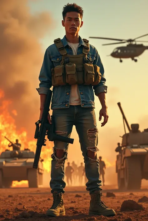 Slightly skinny 20-year-old Indonesian man shows off his handsome face in a jeans jacket, jeans ripped to the knee Nike shoes complete with bulletproof vest and shof guns The man carries a gun in the battlefields of the African savanna.and the burning tank...