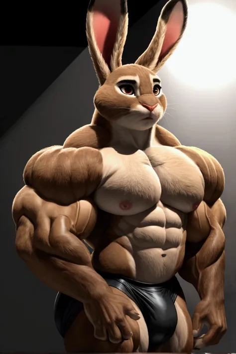 Male rabbit with very large muscles  ,  very huge and very gigantic brown and cream-colored fur and pretty brown eyes and he is a bodybuilder and he is very strong, very muscular and very sexy and his muscles are very big and very enormous..