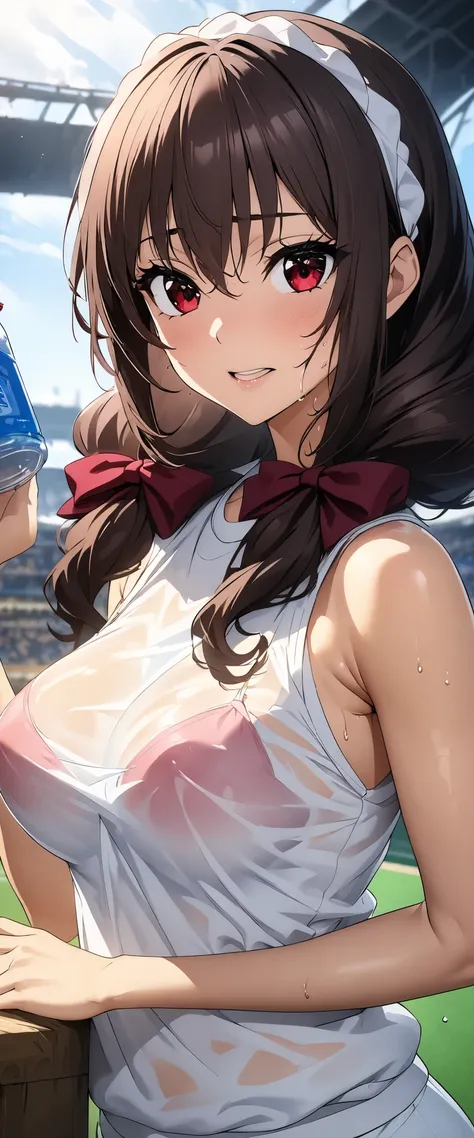 (((masterpiece)))、(( best quality))、( super detailed)、(CG illustration)、(Very beautiful woman))、 cinematic light 、((1 Female))、 、(Beautiful and luxurious:1.2)、( One Woman :1.3)Sports Stadium,,((Japanese white sleeveless gym clothes), and Im wet from sweat,...