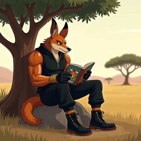  brown muscular jackal furry jock in gold bracelets, wearing black boots , in black pants,  in a black sleeveless zipped sweater , wearing black gloves, he sits on a rock under an acacia tree against the background of Savvana reading a cartoon-style book
