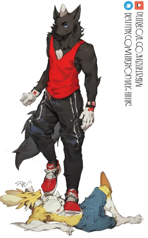 a drawing of a man in a red shirt and black pants standing on to a man in a blue shirt, full body concept, pokemon trainer outfit, !!full body portrait!!, full_body!!, !anthropomorphic!, full body!, full body!!, !!!anthropomorphic!!!, anthropomorphic!!