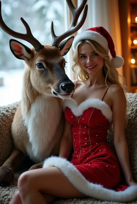 A young American woman wearing a sexy Santa Claus costume is sitting with a giant reindeer