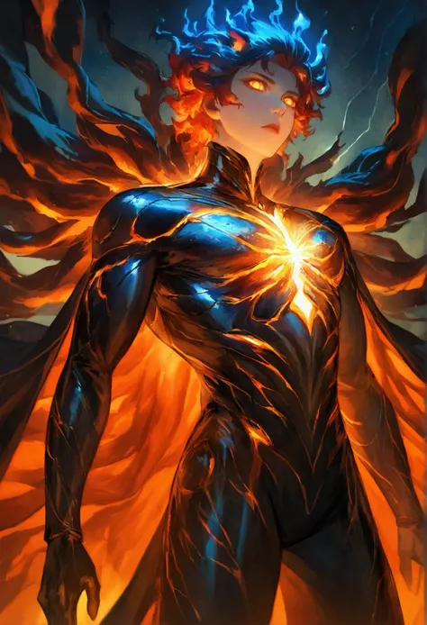 "Sky Ether, a fierce celestial superhuman, radiates raw, chaotic energy that blurs the line between light and darkness. Their sleek, futuristic suit glows with fiery veins of molten energy, cutting through its shadowy, reflective armor. Spiky molten-flame ...