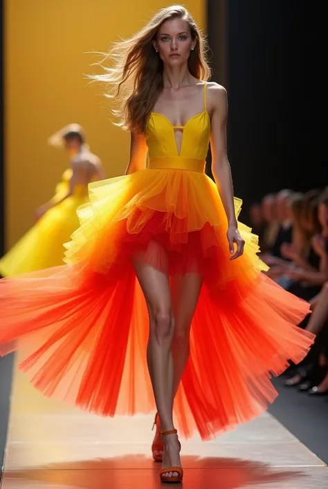 A tight tulle dress that contains yellow, orange and red waves, a fashion show, the style of painting, a girl wearing a short colored dress, 
 Gradually from the bottom up, the colors of the dress are for a fashion show, the top half of the dress is yellow