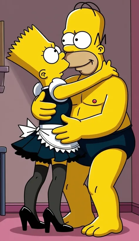  Bart Simpson is wearing black nylon pantyhose,  high heels and a sexy maid costume . And is kissed by naked Homer . caroon style#