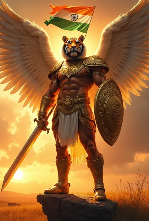 An imposing angel with a muscular and powerful male human body stands tall, his head is that of a fierce tiger, emanating ferocity and regal dignity. His golden armor shines beneath the crimson hues of a sunset, a silver belt tightened tightly around his w...