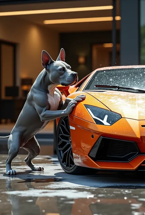 A bull terrier washing a Lamborghini