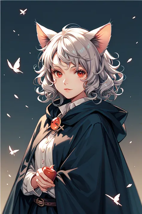 ” curly silver hair with cat ears”/” Adult woman in her 40s” /” Witchs Cloak and Has an Apple”/” The theme is witches” /” The location is in the woods” /” Clothes are red” 