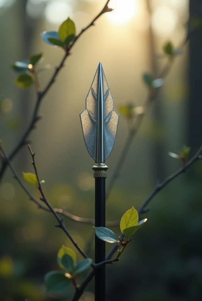 Create illusion image, A close-up of a mysterious, silver-tipped arrow, symbolizing the thiefs signature mark, with a hint of the morning sun filtering through the branches.