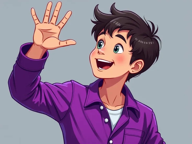 depict a boy wearing purple clothes, raising his hand
