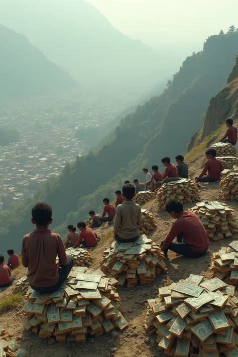 Create an image , huge number of young nepali boys and girls are working at te top of the hills and they are sittings on the money while working , there is big city below the hills 