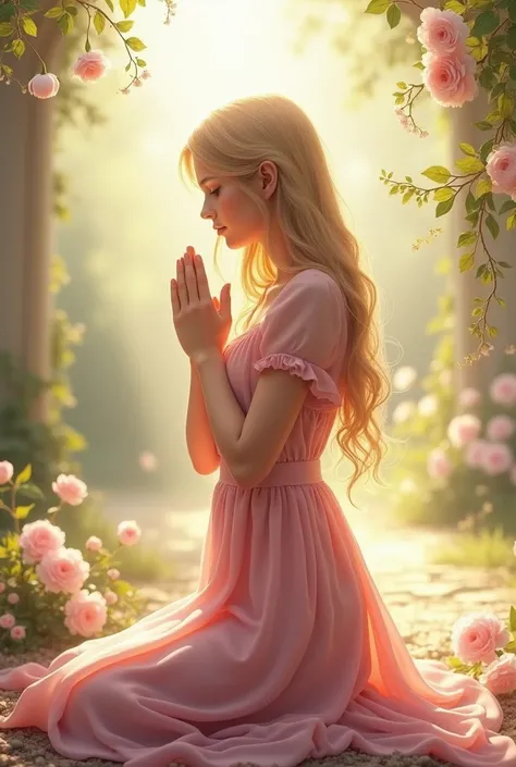 Beautiful demure long-haired woman wearing pink dress praying to thank God