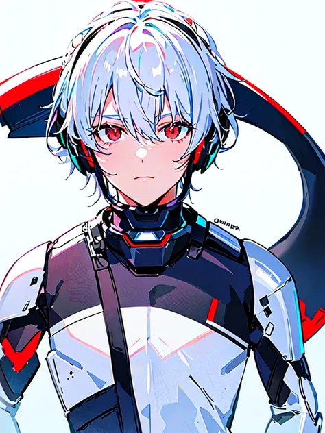 [(WHITE BACKGROUND:1.5),::5], ((masterpiece)), high quality, ultra very high resolution, full color, ((solo)), ((little younger boy)), Black cyborg armor, (ORCA armor), ((ORCA mechanical tail)), ((mens White hair)), (red eyes), anime, ((upper body)), neon ...