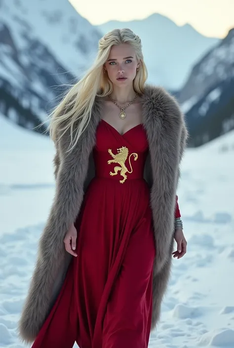 Ultra Realistic photography, Create a young Lannister girl with blonde hair  ,  blue-eyed Lannister woman in a red dress with a golden lion emblem and fur cape, Who walks through the snow 