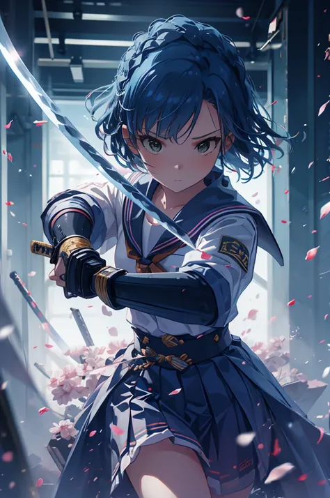 1girl, solo, anatomically cotrect, (Masterpiece:1.2, high quality), yuriko nanao (million live),
 SWAV, (((sailor school uniform))), with short blue hair, A rare slim waist, With a silver japanesesword, ninjartist, fighting pose,
futuristic world, tech, cy...