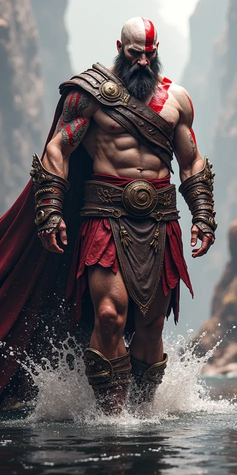 Kratos stepping into water with visual impact
"A powerful warrior, with skin marked by scars and an emblematic red paint on his face, stepping forcefully into crystal-clear waters. The impact lifts droplets that reflect his robust figure. The background is...