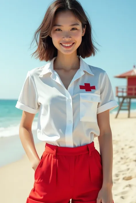 Prompt: Full body shot of a Thai girl in a lively pose, dressed as a lifeguard, wearing a simple white shirt and red three-quarter shorts. She is at the beach, near the lifeguard tower, has a cute loose bob hairstyle and a toned body. Her symmetrical eyes ...