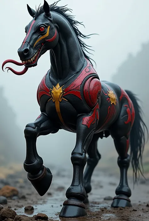   an imposing creature ,  standing on two strong, muscular legs , half horse, half human.  The lower part is like that of a horse ,  with powerful muscles and black hooves .  The upper part is more human ,  with a wide torso and arms that end in hands with...