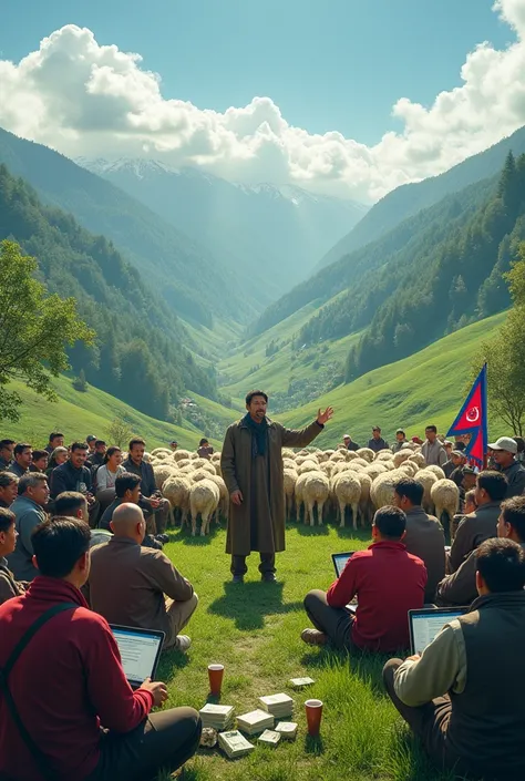 A crowd of people sitting with laptops in the green hills of Nepal And people counting money while grazing sheep Money pit And a leader preaching in front of the sheep nepali flag also 