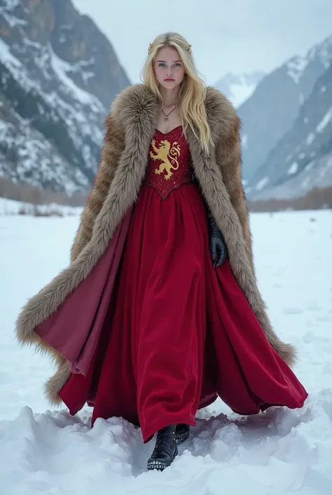 Ultra Realistic photography, Create a young Lannister girl with blonde hair  ,  blue-eyed Lannister woman in a red dress with a golden lion emblem and fur cape, Who walks through the snow 