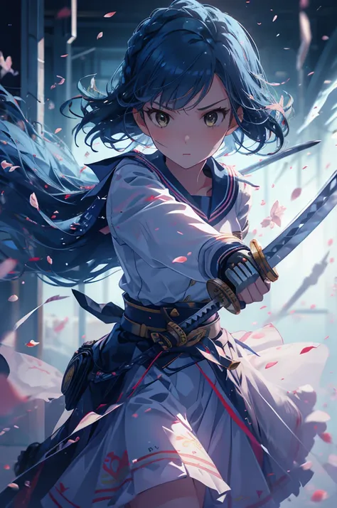 1girl, solo, anatomically cotrect, (Masterpiece:1.2, high quality), yuriko nanao (million live),
 SWAV, (((sailor school uniform))), with short blue hair, A rare slim waist, With a silver japanesesword, ninjartist, fighting pose,
futuristic world, tech, cy...