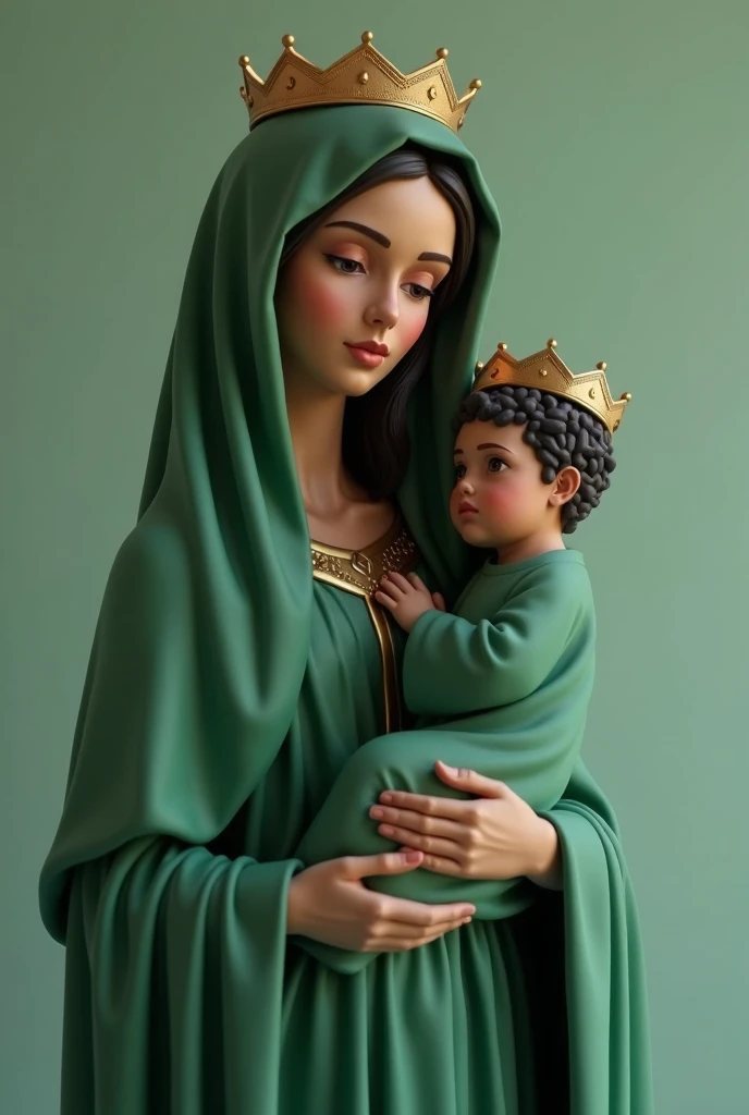  THE model is a version of the Virgin Mary, of coffee,  Hebrew traits ,  with a veil in jade green and dressed in jade green. She has the baby Jesus  ( also Hebrew )  baby in her arms ,  also dressed in jade green , both with small minimalist crowns . Both...