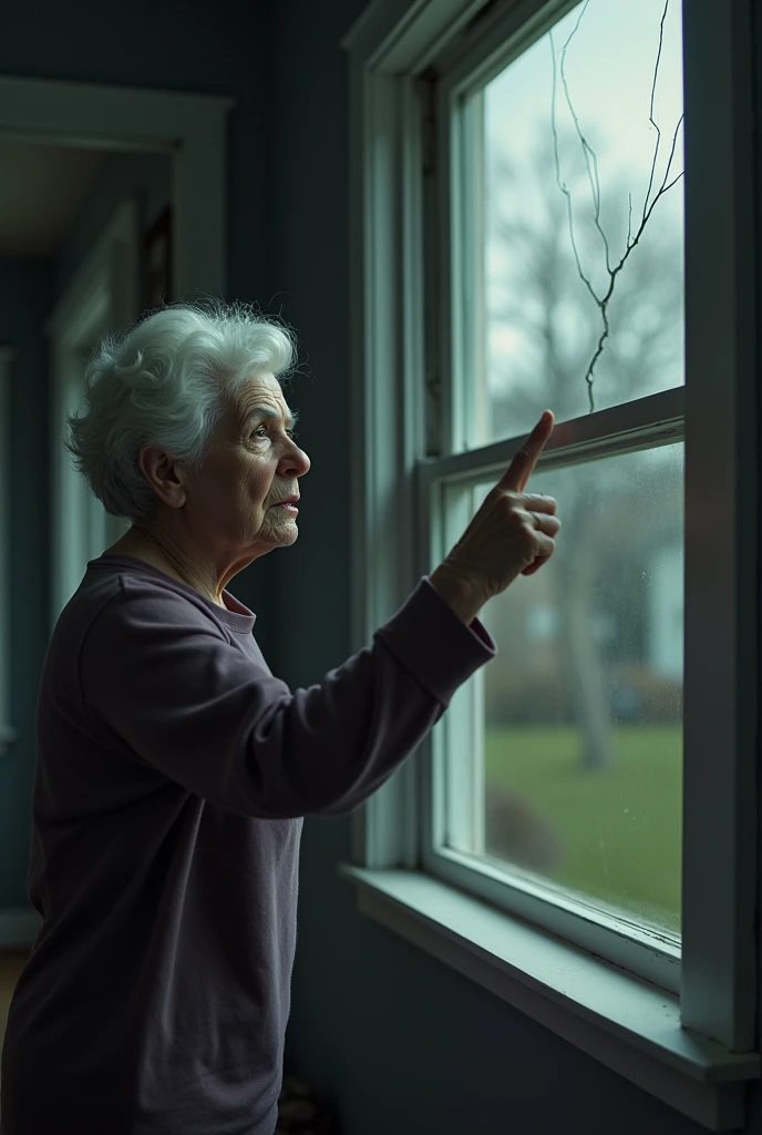 Create illusion image, A shot of Mrs. Jenkins pointing at the Johnsons broken window, with a sense of unease etched on her face, capturing the feeling of malaise in the air.