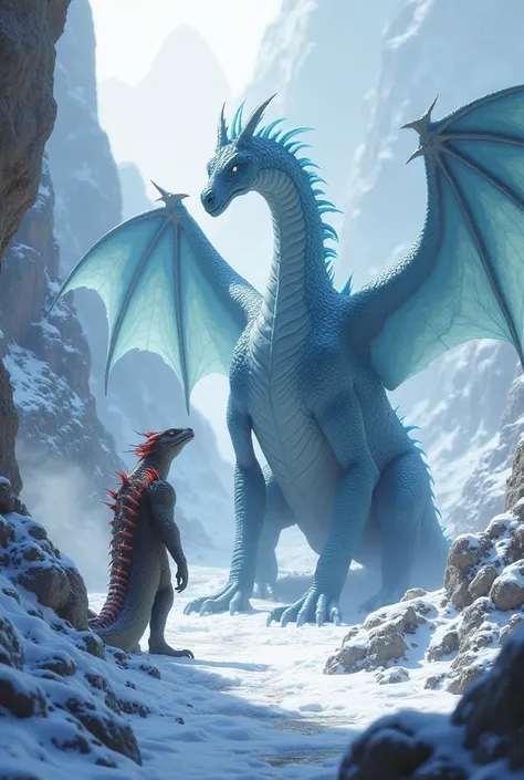 Depict a majestic ice dragon and a formidable Komodo dragon in a single frame, maintaining the same snow-covered rocky terrain and icy outcrops background. The ground should emit cold vapors, adding a ferocious effect to the scene. Ensure the ice dragon an...