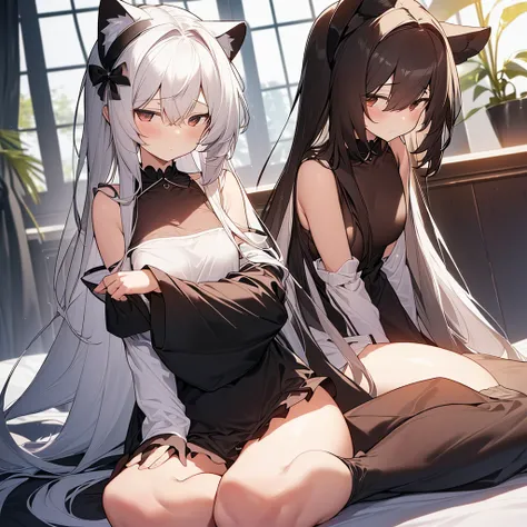 (nsfw:0.9),(:1.4), Alone, whole body,  sitting,  dynamic angle,  white hair ,  flat chested, Frilled, ３age,  brown hair,  long hair,   knight ,  starry sky , dark, sleepy, i want to sleep, Animal ear hood , Holding a teddy bear,  Covered breasts,shy, , A g...