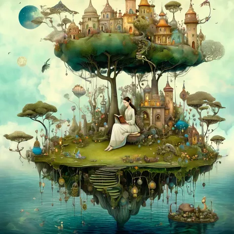 Patchwork by Catrin Welz-Stein, Nicoletta Ceccoli, Naoto Hattori, Klimt, Leonora Carrington of a (woman sitting on a small island), reading a book, surrounded by enchanting elements. Other small islands are characterized by (majestic) dragons, extravagant ...