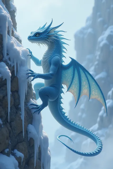 Create a unique hybrid creature with the body of an ice dragon and the agility of a gecko. The ice dragons frosty scales and the geckos nimble movements create a fascinating fusion. The environment should be a snowy cliffside with icy rock faces, emitting ...