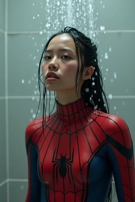 Jenna Ortega sous la douche en costume de spider man sans le masque 