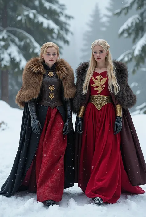 Ultra Realistic photography Create a young Lannister girl with blonde hair ,  blue-eyed Lannister woman in a red dress with a golden lion emblem and fur cape, Who walks through the snow 