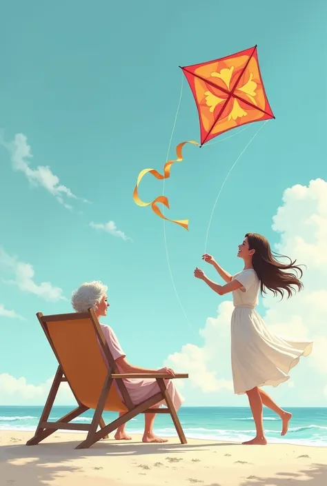 a female  flying a kite on the beach beside her mom who is sitting on the beach chair